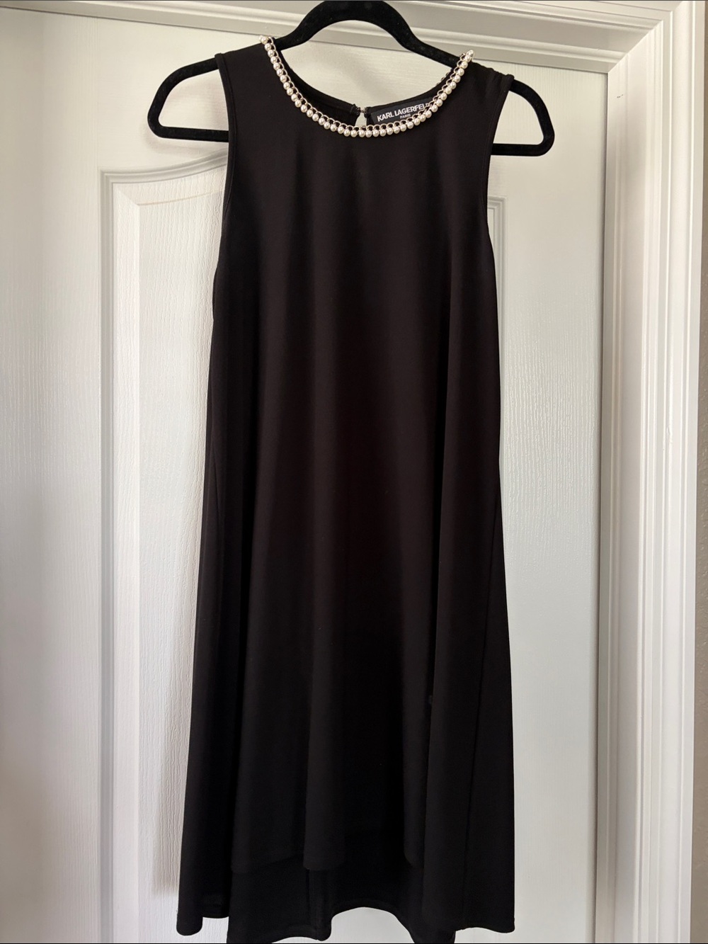 Karl Lagerfeld Black Shift Dress with Pearl-Trim Neckline